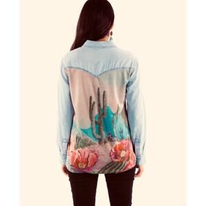 SEDONA SUNSET CACTUS SCENE WESTERN YOKE DENIM BUTTON DOWN SMALL